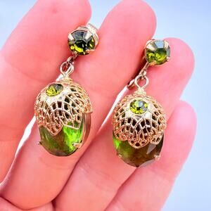 Vintage Sarah Coventry Green Crystal Gold Tone Filigree Cap Drop Earrings